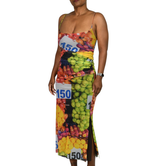 Zara Fruit Market Dress Black Multi Photorealistic Print Slip Midi Column Small - Picture 13 of 14